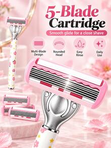 Women's Manual Razor Set With Replaceable Blades, Floral Pattern Handle Body Shaver, Smooth Hair Removal For Legs, Underarms, Arms And Bikini Area, Portable Daily Grooming And Travel Beauty Tool - Multicolor - View 2
