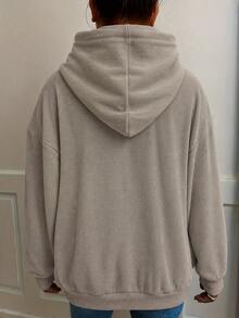 Plus Size Women's Ribbed Knit Zip-Up Hoodie, Drawstring Hood, Long Sleeve Loose Fit Casual Jacket - Khaki - View 3