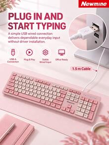 Newmine BK103 Wired Keyboard USB Plug And Play Quiet Business Office Splash-Proof Portable Keyboard Universal Peripheral For Gaming Desktop Laptop All-In-One Cherry Pink Fresh Green - View 5
