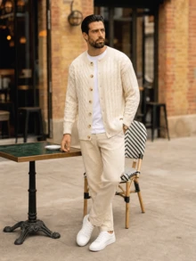 Men's Solid Color Cable Knit Textured Old Money Style Vintage Cardigan, Long Sleeve Slim Fit Outerwear, Apricot Short Knit Sweater Jacket, Autumn/Winter - Apricot - View 5