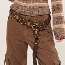 1pc Women's Bohemian Style Brown Patchwork Vintage Bull Head Accessory Metal PU Belt, Suitable For Jeans, Music Festival, Commuting - Brown Bull Head - View 12