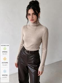 SUNSTORY Women's Autumn High Neck Ribbed Knit Base Layer, Slim Fit Long Sleeve Basic Inner Sweater, Elegant Commuter Style, Suitable For Daily Outings, Social Gatherings, Christmas, New Year Outfits - Camel - View 6