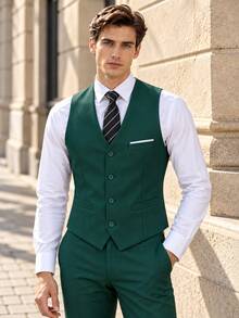 Vest For Men Solid Formal Suit Waistcoat With Wide Pockets For Business Wedding Party To Match Men Suits - Dark Green - View 12