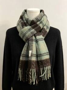Women's Winter Fleece Flannel Scarf - Thick Warm Plaid Color Block Shawl, Elastic Soft Texture, Street Style Versatile Casual Essential For Outings, Fashion Accessory - 02-light Green Coffee - View 1