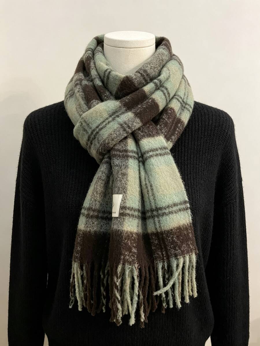 Women's Winter Fleece Flannel Scarf - Thick Warm Plaid Color Block Shawl, Elastic Soft Texture, Street Style Versatile Casual Essential For Outings, Fashion Accessory - 02-light Green Coffee - View 1
