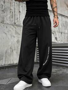 Men's Letter Print Mesh Patchwork Straight Leg Pants, Drawstring Waist Casual Sports Long Pants With Pockets - Black - View 1