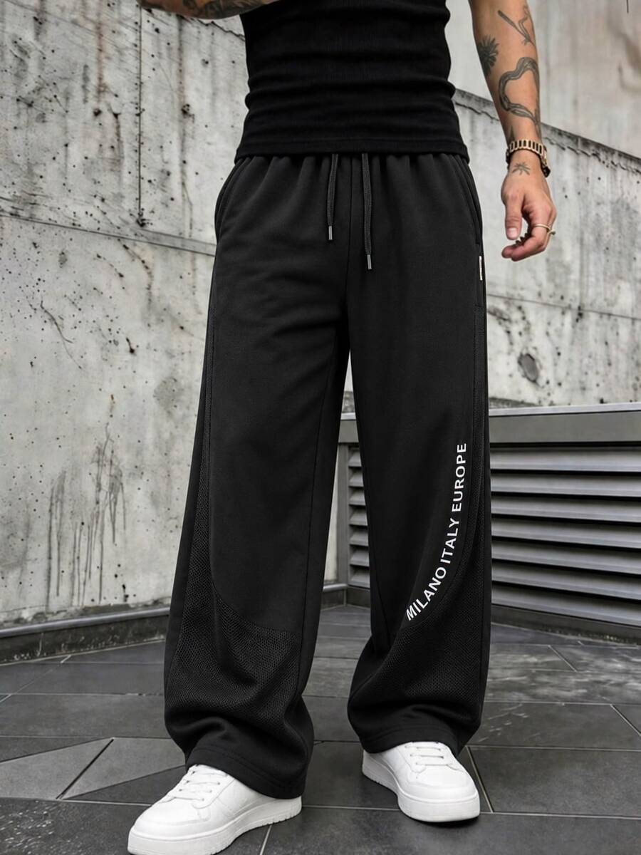 Men's Letter Print Mesh Patchwork Straight Leg Pants, Drawstring Waist Casual Sports Long Pants With Pockets - Black - View 1