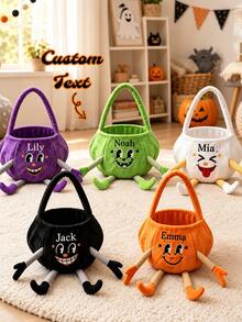 Personalized Name Pumpkin Basket, Felt Halloween Trick Or Treat Bucket With Striped Bow, Handheld Pumpkin Storage Tote Bag, Halloween Party Decoration Gift Basket - Multicolor - View 1