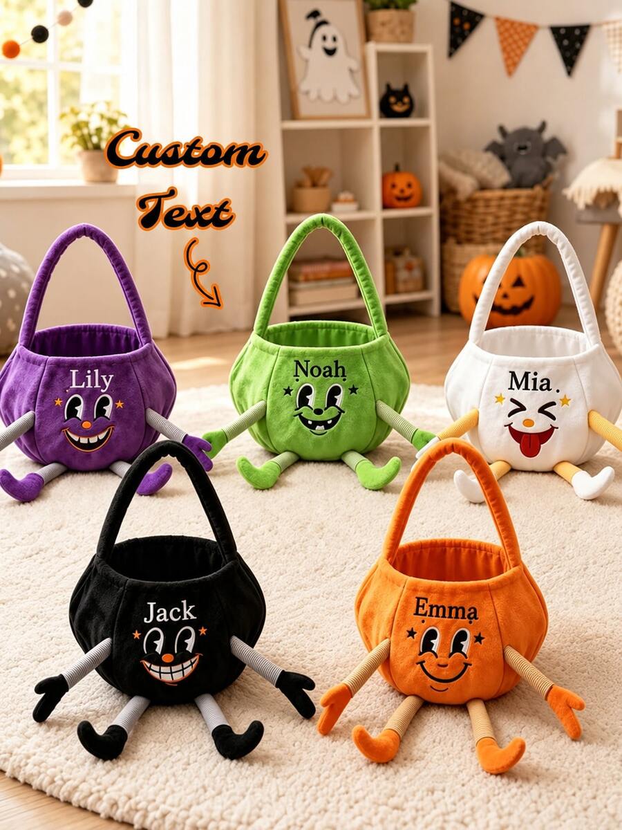 Personalized Name Pumpkin Basket, Felt Halloween Trick Or Treat Bucket With Striped Bow, Handheld Pumpkin Storage Tote Bag, Halloween Party Decoration Gift Basket - Multicolor - View 1