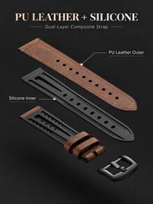 1PC PU Leather Composite Silicone Soft Strap Compatible With Huawei Watch Fit 3/4/4 Pro/5/5Pro Smartwatch Band Adjustable Replacement Wristband Unisex - Coffee Brown - View 2