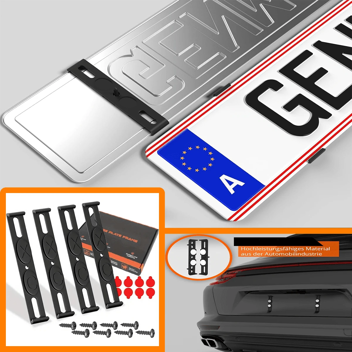 4 Sets EU Standard License Plate Holders, 520x110mm Universal License Plate Frame For Front And Rear European License Plates (Except Austria), ABS Material Car Registration Plate Replacement, Stable Anti-Vibration, Easy Installation, Secure Fit, Includes Screws And Adhesive Pads