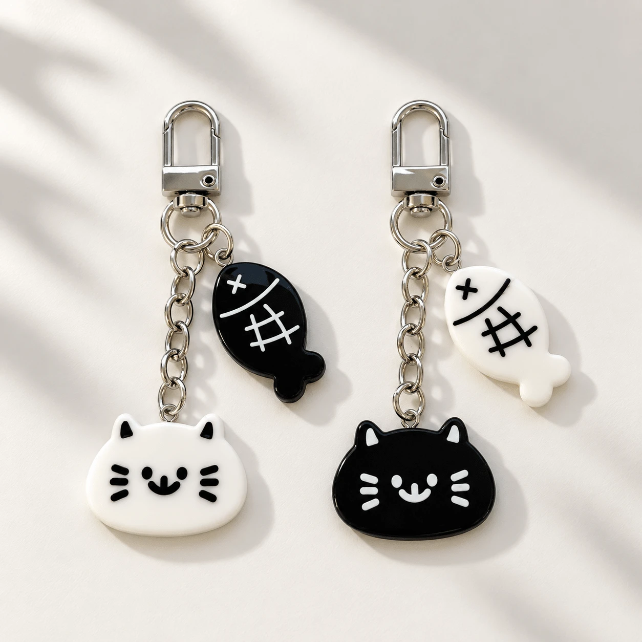 1pc/2pcs Unisex Black & White Cartoon Cat Eating Fish Pendant, Black & White Small Fish Accessory Keychain, Cute Couple Bag Charm, Luggage Accessory - Black and White - View 1