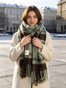 Women's Winter Fleece Flannel Scarf - Thick Warm Plaid Color Block Shawl, Elastic Soft Texture, Street Style Versatile Casual Essential For Outings, Fashion Accessory - 02-light Green Coffee - View 5