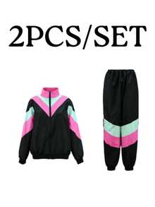 80s Retro Women's Tracksuit - Neon Pink And Mint Green Color Block Jacket And Pants, Suitable For Hip Hop Disco Theme Parties And Carnivals Fall - Multicolor - View 4