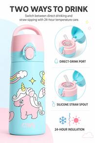 QWE 480ml 316 Stainless Steel Insulated Straw Cup With Silicone Straw, Cartoon Design, Portable Water Bottle For Kindergarten And Primary School Students - Cadet Blue - View 10