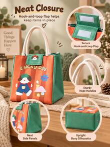 Casual Polyester Lunch Tote Bag, Foil Lining, Cartoon Girl Print, Rope Handle, Snap Button Flap, Wide Opening, Portable Insulated Lunch Bag, Suitable For Work, School, Office, Picnic, Travel, Dorm, Daily Commute, Holiday - Multicolor - View 6