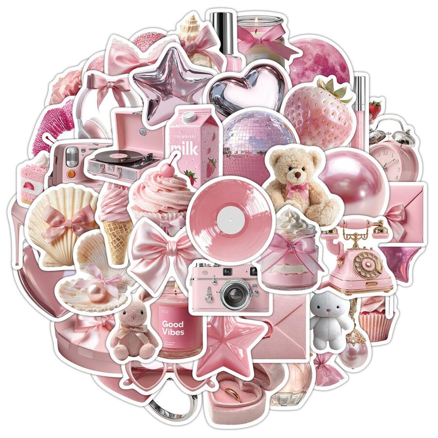 50pcs/Set Aesthetic Girl Style Pink Vinyl Stickers, Vintage Camera ...