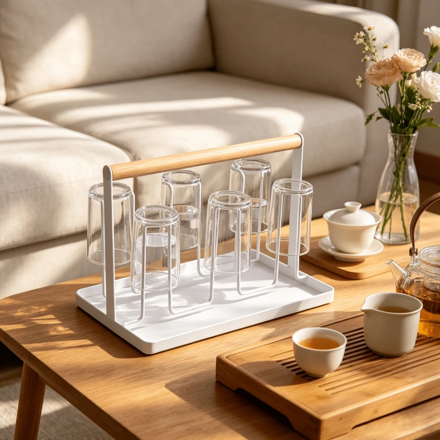 1pc Iron Cup Rack With Drip Tray, Household Glass Cup Storage Holder, Countertop Water Cup Drying Organizer, Suitable For Living Room And Kitchen - Multicolor - View 1
