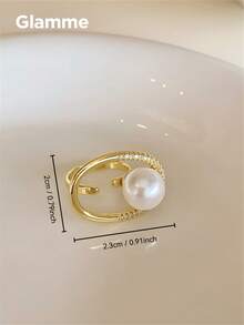 1 buah Cincin Emas Mewah Berbentuk Oval Berongga dengan Mutiara Terbuka, Desain Modis dan Unik, Cincin Jari yang Elegan - Emas - View 2
