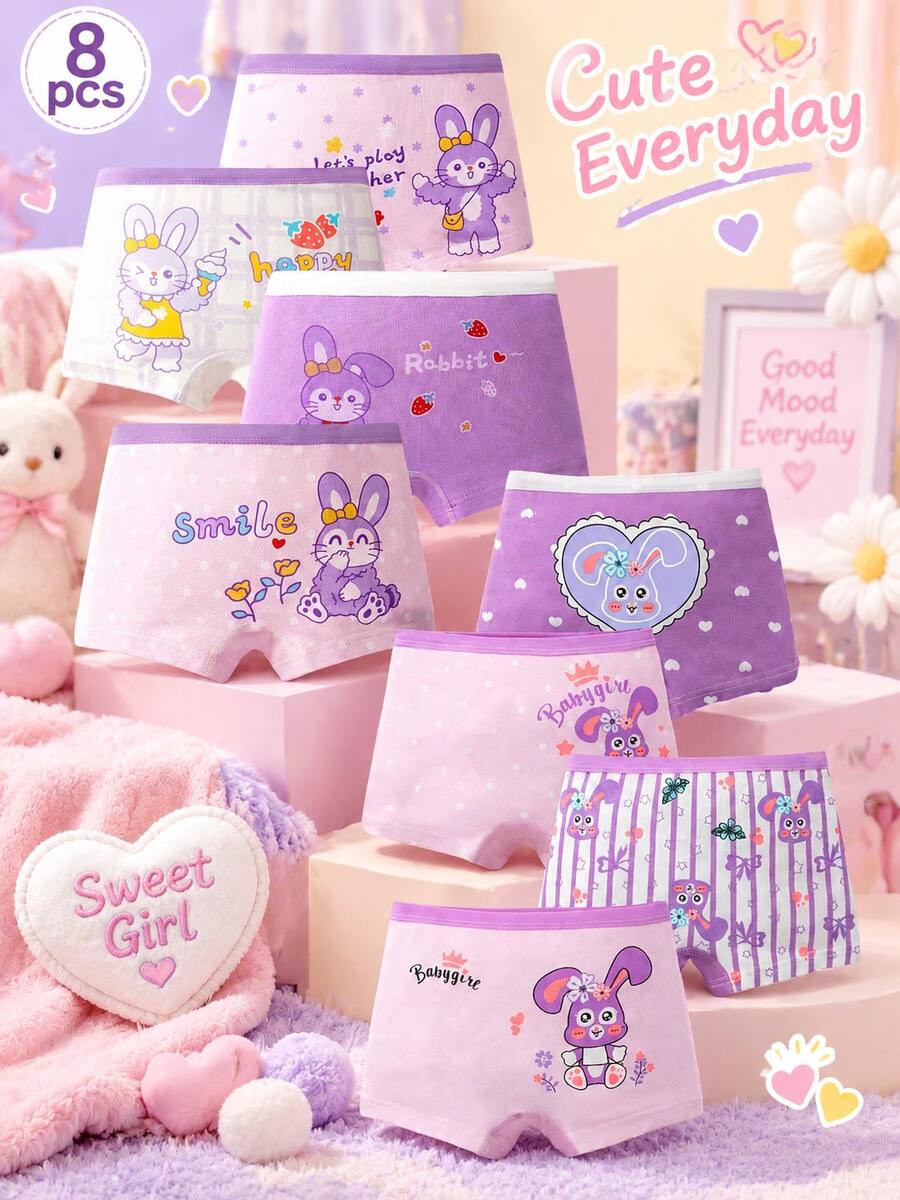 8pcs Cartoon Rabbit Print Girls' Briefs, Comfortable Plus Size Purple Girls' Briefs, Suitable For All Seasons - Multicolor - View 1