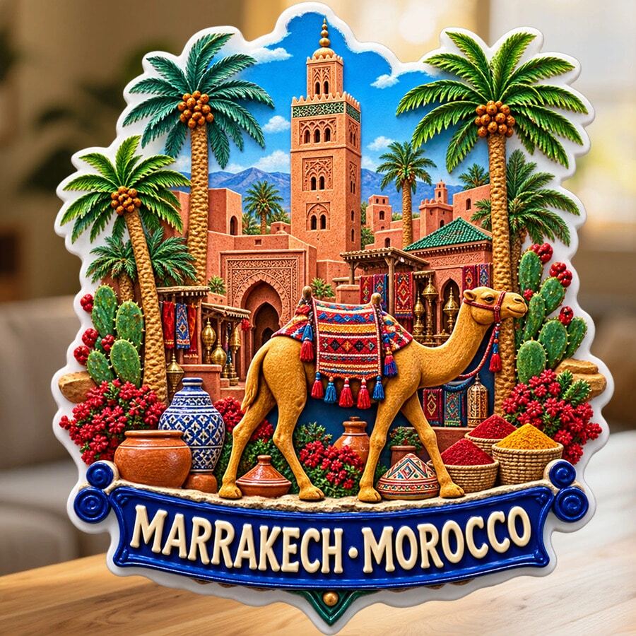 Marrakech Morocco Fridge Magnet, A Camel Market Story Among Palms And Spices For Adventurous Kitchen Daydreams For All Metal Surfaces Throughout The Home - A - View 1