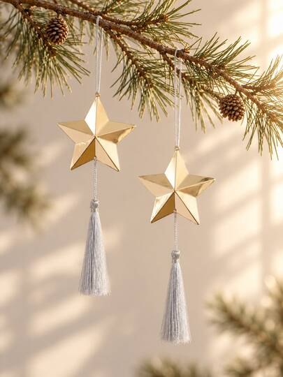 2 Peças Enfeite Pendurado de Estrela de Natal com Borla, Pingente Festivo para Árvore de Natal, Decoração de Ramo de Pinheiro para Feriados, Estrela Dourada Brilhante Pendente para Decoração de Inverno, Casa, Parede Interna, Lareira, Janela, Exibição de Festa Sazonal