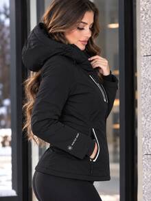 Chamarra Acolchada para Mujer de Invierno con Capucha Desmontable, Forro Interior Suave, Bolsillos con Cierre y Puños Ajustables, Chaqueta Cálida Casual Urbana - Negro - Ver 2