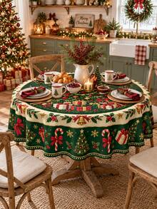 1pc Elegant Green Christmas Rectangular/Round Tablecloth, Large Christmas Tree & Gift Box Pattern, Bell, Candy Cane, Snowflake & Holly Print, Suitable For Christmas Family Gathering, Home Holiday Dining Table Decor - Multicolor - View 7