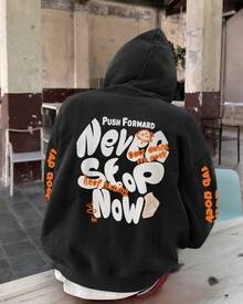 FRACTYR Men's Fun Hand-Drawn Graffiti Text Print Hoodie, American Streetwear Casual Pullover Top, Y2K Hip-Hop Style - Black - View 3