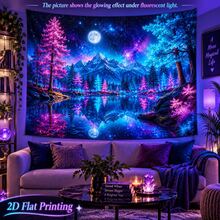 2D Flat Pattern, Single Piece, Mountain And Lake Reflection Tapestry, Snowy Mountain, Pine Forest, Starry Sky, Lake Reflection Pattern, Glows Under Fluorescent Light, Suitable For Wall Decor, Backdrop, Party Decoration - Multicolor - View 5