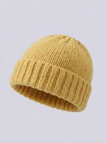 1pc Folded Brim Knit Hat, Minimalist Solid Color Loose Oversized Beanie, Warm Ear Protection Knitted Hat For Men And Women, Autumn/Winter - C - View 52