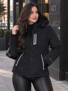 Chamarra Acolchada para Mujer de Invierno con Capucha Desmontable, Forro Interior Suave, Bolsillos con Cierre y Puños Ajustables, Chaqueta Cálida Casual Urbana - Negro - Ver 5