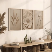 3-Piece Frameless Plant Canvas Wall Art, Minimalist Beige Plant And Abstract Leaf Print, Suitable For Living Room And Bedroom - A - View 6