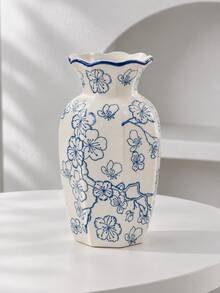 1pc Vintage Blue & White Ceramic Vase, Chinese Floral Pattern, Wavy Edge, Elegant Home Decor, Suitable For Fresh Flowers And Dried Flowers, Majlis, Living Room, Dining Table Centerpiece And Entryway, Ramadan Eid Housewarming Gift - Blue and White Joy - View 4