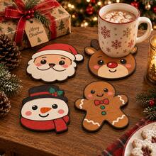 Christmas Coaster Set Of 4, Cute Cartoon Wooden Coasters, Patterns Include Santa Claus, Reindeer, Snowman, Gingerbread Man, Christmas Home Decor - Multicolor - View 4