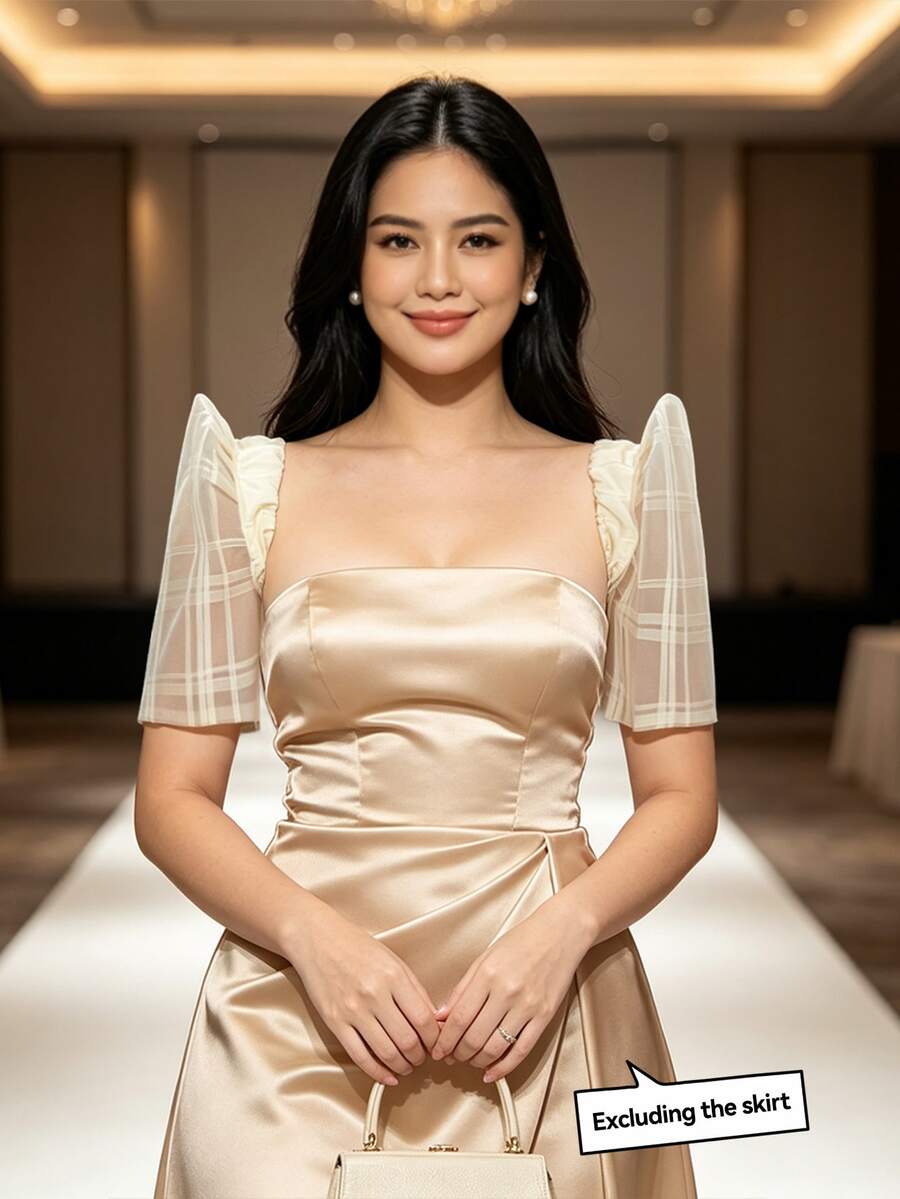 Modern Filipiniana Blouse With Butterfly Sleeves, Detachable Sleeves For Women, Birthday Party, Vacation - Apricot - View 1