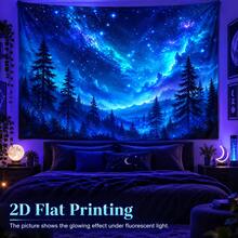 This 2D Flat Tapestry Features A Starry Forest Pattern, With The Glow Of A Galaxy Shimmering In The Scene, Stars Twinkling In The Sky, And The Silhouette Of A Pine Forest And Rolling Mountains In The Distance. It Glows Under Fluorescent Light, Making It Perfect For Wall Decor, Backdrop, Or Party Decoration. - Multicolor - View 1