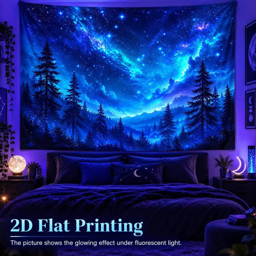 This 2D Flat Tapestry Features A Starry Forest Pattern, With The Glow Of A Galaxy Shimmering In The Scene, Stars Twinkling In The Sky, And The Silhouette Of A Pine Forest And Rolling Mountains In The Distance. It Glows Under Fluorescent Light, Making It Perfect For Wall Decor, Backdrop, Or Party Decoration. - Multicolor - View 1