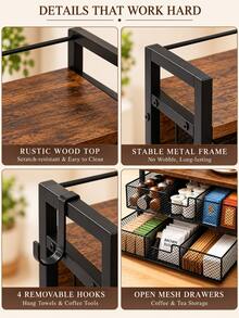 1pc Double-Layer Coffee Station Storage Rack With Detachable Hooks And Divided Mesh Drawer, Multi-Functional Countertop Organizer For Coffee Pods, Tea Bags, Bar Tools And Pantry Snacks, Space-Saving Home Kitchen Coffee Bar Accessory - Multicolor - View 3