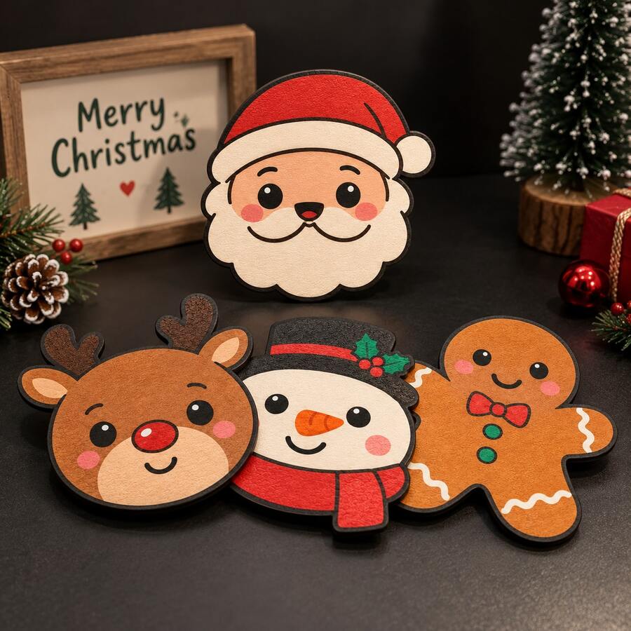 Christmas Coaster Set Of 4, Cute Cartoon Wooden Coasters, Patterns Include Santa Claus, Reindeer, Snowman, Gingerbread Man, Christmas Home Decor - Multicolor - View 1