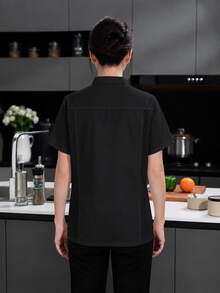 Women's Professional Black Chef Jacket, Classic Stand Collar Design, Woven Fabric, Regular Fit, Practical Workwear Fall - Black - View 4