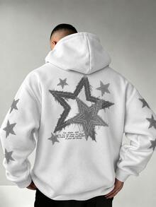 FRACTYR Men's Broken Star Element Five-Point Star Pattern Hoodie, American Vintage Y2K High Street Loose Casual Pullover - White - View 3
