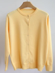 Women's Knitted Button-Front Cardigan, Long Sleeve Round Neck Regular Fit - Yellow - View 4