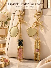 1pc Metal Woven Lipstick Mesh Pouch Keychain Heart & Star Shaped With Foldable Makeup Mirror Lip Gloss Storage Bag Pendant Portable Touch-Up Accessory Autumn Outfit Essential - Multicolor - View 5