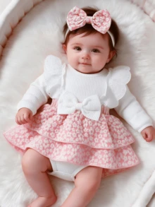 2pcs/Set, Baby Girl, Casual Elegant Fashionable Cute, Soft Comfortable, Lace Trim Embroidery Bow Decor Patchwork Floral Jacquard Cake Layered Ruffle Bodysuit Dress And Headband, Baby Girl Clothing, Newborn Baby Girl Clothing, Baby Clothing, Baby Supplies, Autumn Baby Girl Clothing, Newborn Clothing, Suitable For Daily Wear, Vacation, Party, Outdoor Activities, Photography - Multicolor - View 2