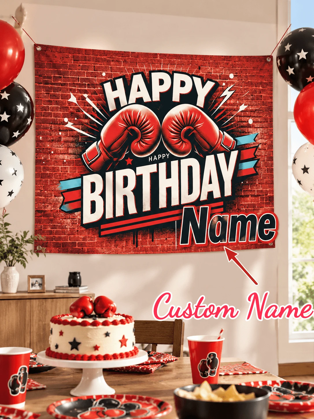 Personalized Boxing Theme Birthday Backdrop For Baby Boy, Customized Name Party Background, Nursery Wall Decor, Children's Birthday Party Decoration, Christmas Holiday Gift