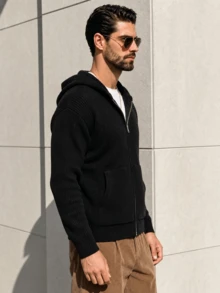 Men's Fashion Casual Versatile Solid Color Minimalist Zip-Up Sweatshirt Long Sleeve Loose Ribbed Hooded Sweatshirt Pocket Knit Sweatshirt Jacket Autumn/Winter - Black - View 4