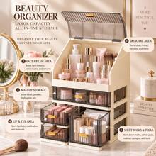Large Capacity Cosmetic Storage Box With Dust-Proof Lid And Drawers, Multi-Layer Makeup Organizer For Skincare, Lipstick, Perfume And Face Masks - Multicolor - View 8