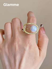 1 buah Cincin Emas Mewah Berbentuk Oval Berongga dengan Mutiara Terbuka, Desain Modis dan Unik, Cincin Jari yang Elegan - Emas - View 1