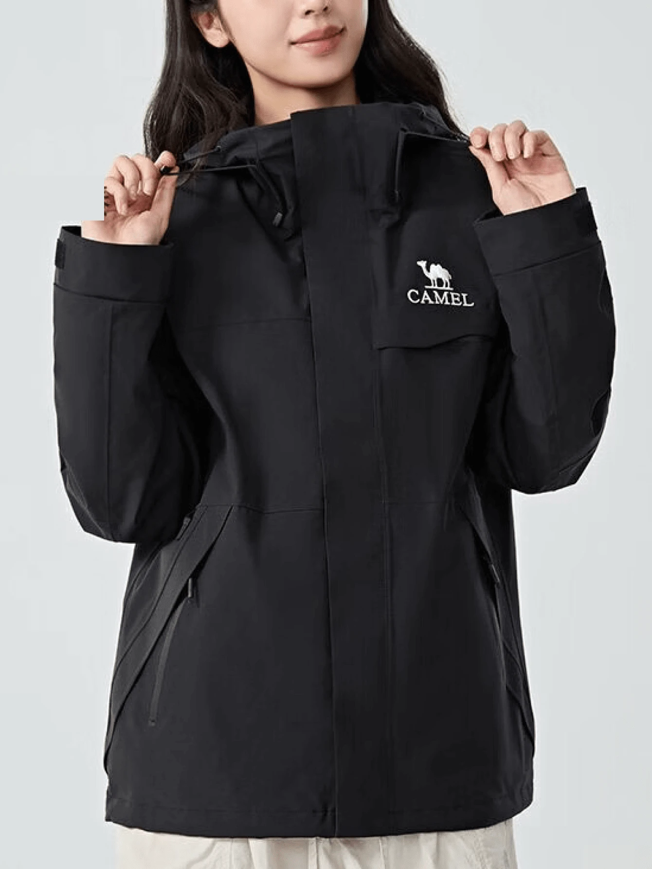 CAMEL CROWN Jaket Ringan Tahan Air Unisex, Jaket Tahan Angin Berkerudung untuk Aktivitas Luar Ruangan Pria dan Wanita, Jaket Hujan yang Dapat Dilipat untuk Mendaki, Berkemah, dan Bepergian - Hantu Hitam - View 1